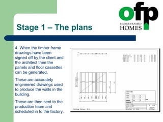 Stage 1 – The plans 4. When the timber frame drawings have been signed off by the client and the architect then the panels and floor cassettes can be generated. These are accurately engineered drawings used to produce the walls in the building. These are then sent to the production team and scheduled in to the factory. 