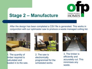 Stage 2 – Manufacture After the design has been completed a CSV file is generated. This works in conjunction with our optimaster saw to produce a waste managed cutting list. 1. The quantity of timber required is calculated and loaded in to the saw. 2. The saw is electronically programmed for the scheduled works. 3. The timber is efficiently and accurately cut. This minimises any waste. 