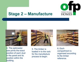 Stage 2 – Manufacture 4. The optimaster saw prints the exact position of each stud in the panel and its position within the building. 5. The timber is loaded in to the rack for the manufacture process to begin. 6. Each compartment is organised according to the timber reference. 