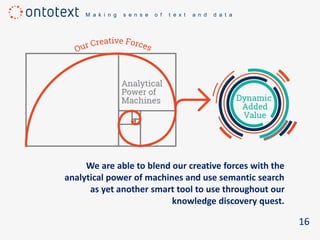 M a k i n g s e n s e o f t e x t a n d d a t a
We are able to blend our creative forces with the
analytical power of machines and use semantic search
as yet another smart tool to use throughout our
knowledge discovery quest.
16
 