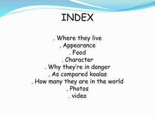 INDEX
. Where they live
. Appearance
. Food
. Character
. Why they’re in danger
. As compared koalas
. How many they are in the world
. Photos
. video
 
