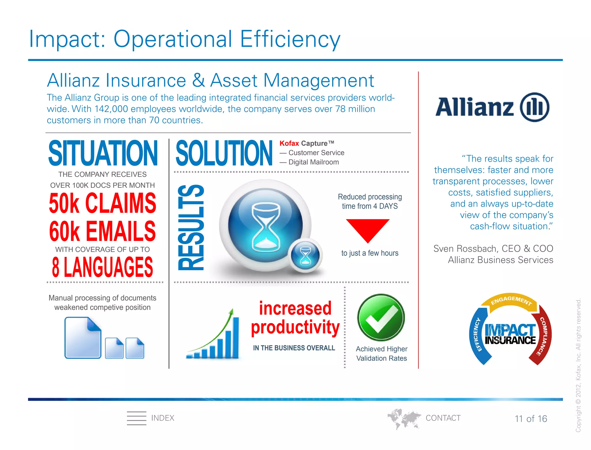 11 of 16INDEX
Copyright©2012,Kofax,Inc.Allrightsreserved.
CONTACT
Impact: Operational Efficiency
Allianz Insurance & Asset Management
The Allianz Group is one of the leading integrated financial services providers world-
wide. With 142,000 employees worldwide, the company serves over 78 million
customers in more than 70 countries.
“The results speak for
themselves: faster and more
transparent processes, lower
costs, satisfied suppliers,
and an always up-to-date
view of the company’s
cash-flow situation.”
Sven Rossbach, CEO & COO
Allianz Business Services
SITUATIONTHE COMPANY RECEIVES
OVER 100K DOCS PER MONTH
50k CLAIMS
60k EMAILSWITH COVERAGE OF UP TO
8LANGUAGES
Manual processing of documents
weakened competive position
SOLUTION
RESULTS
increased
productivity
IN THE BUSINESS OVERALL Achieved Higher
Validation Rates
Kofax Capture™
— Customer Service
— Digital Mailroom
Reduced processing
time from 4 DAYS
6to just a few hours
 