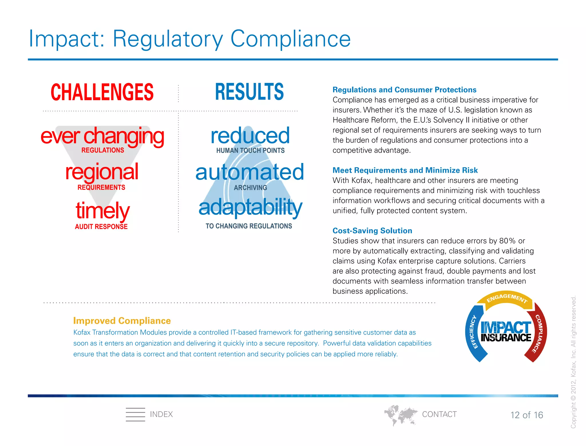 12 of 16INDEX
Copyright©2012,Kofax,Inc.Allrightsreserved.
CONTACT
Impact: Regulatory Compliance
Improved Compliance
Kofax Transformation Modules provide a controlled IT-based framework for gathering sensitive customer data as
soon as it enters an organization and delivering it quickly into a secure repository. Powerful data validation capabilities
ensure that the data is correct and that content retention and security policies can be applied more reliably.
Regulations and Consumer Protections
Compliance has emerged as a critical business imperative for
insurers. Whether it’s the maze of U.S. legislation known as
Healthcare Reform, the E.U.’s Solvency II initiative or other
regional set of requirements insurers are seeking ways to turn
the burden of regulations and consumer protections into a
competitive advantage.
Meet Requirements and Minimize Risk
With Kofax, healthcare and other insurers are meeting
compliance requirements and minimizing risk with touchless
information workflows and securing critical documents with a
unified, fully protected content system.
Cost-Saving Solution
Studies show that insurers can reduce errors by 80% or
more by automatically extracting, classifying and validating
claims using Kofax enterprise capture solutions. Carriers
are also protecting against fraud, double payments and lost
documents with seamless information transfer between
business applications.
CHALLENGES
reducedHUMAN TOUCH POINTS
automatedARCHIVING
everchangingREGULATIONS
regional
timely
RESULTS
adaptability
REQUIREMENTS
AUDIT RESPONSE TO CHANGING REGULATIONS
 