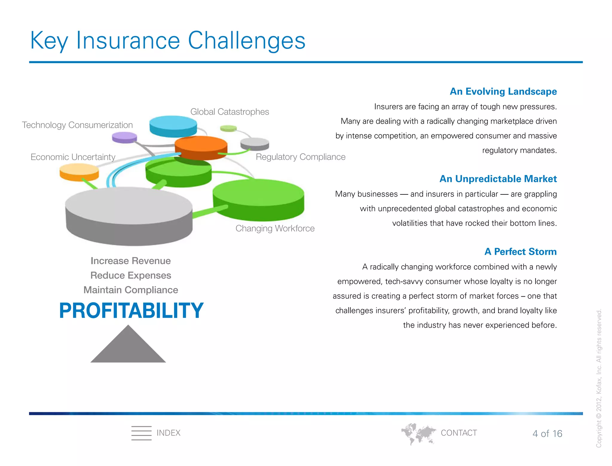 4 of 16INDEX
Copyright©2012,Kofax,Inc.Allrightsreserved.
CONTACT
Key Insurance Challenges
An Evolving Landscape
Insurers are facing an array of tough new pressures.
Many are dealing with a radically changing marketplace driven
by intense competition, an empowered consumer and massive
regulatory mandates.
An Unpredictable Market
Many businesses — and insurers in particular — are grappling
with unprecedented global catastrophes and economic
volatilities that have rocked their bottom lines.
A Perfect Storm
A radically changing workforce combined with a newly
empowered, tech-savvy consumer whose loyalty is no longer
assured is creating a perfect storm of market forces – one that
challenges insurers’ profitability, growth, and brand loyalty like
the industry has never experienced before.
Global Catastrophes
Changing Workforce
Economic Uncertainty Regulatory Compliance
Technology Consumerization
Profitability
6Increase Revenue
Reduce Expenses
Maintain Compliance
PROFITABILITY
 