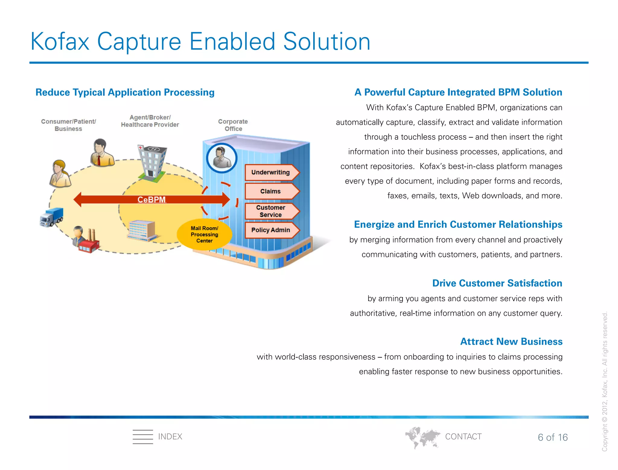 6 of 16INDEX
Copyright©2012,Kofax,Inc.Allrightsreserved.
CONTACT
Kofax Capture Enabled Solution
A Powerful Capture Integrated BPM Solution
With Kofax’s Capture Enabled BPM, organizations can
automatically capture, classify, extract and validate information
through a touchless process – and then insert the right
information into their business processes, applications, and
content repositories. Kofax’s best-in-class platform manages
every type of document, including paper forms and records,
faxes, emails, texts, Web downloads, and more.
Energize and Enrich Customer Relationships
by merging information from every channel and proactively
communicating with customers, patients, and partners.
Drive Customer Satisfaction
by arming you agents and customer service reps with
authoritative, real-time information on any customer query.
Reduce Typical Application Processing
Attract New Business
with world-class responsiveness – from onboarding to inquiries to claims processing
enabling faster response to new business opportunities.
 
