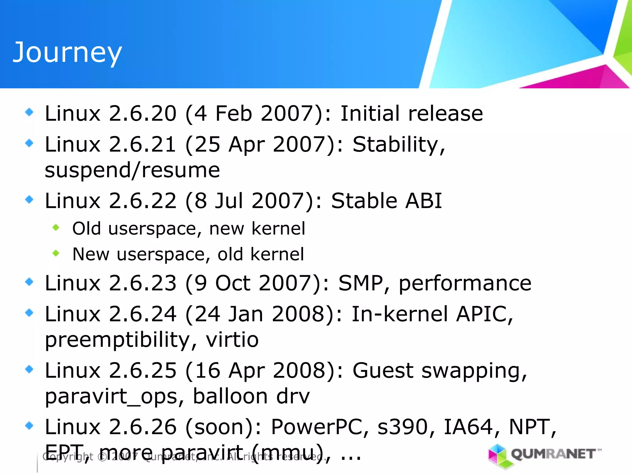Journey

  Linux 2.6.20 (4 Feb 2007): Initial release
  Linux 2.6.21 (25 Apr 2007): Stability,
  suspend/resume
  Linux 2.6.22 (8 Jul 2007): Stable ABI
    Old userspace, new kernel
    New userspace, old kernel
 Linux 2.6.23 (9 Oct 2007): SMP, performance
 Linux 2.6.24 (24 Jan 2008): In-kernel APIC,
 preemptibility, virtio
 Linux 2.6.25 (16 Apr 2008): Guest swapping,
 paravirt_ops, balloon drv
 Linux 2.6.26 (soon): PowerPC, s390, IA64, NPT,
 Copyright © 2007 Qumranet, Inc. All rights reserved. ...
 EPT, more paravirt (mmu),
 
