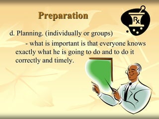 Preparationd. Planning. (individually or groups)		- what is important is that everyone knows exactly what he is going to do and to do it correctly and timely.