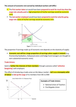 The amount of economic rent earned by individual workers will differ:
 The first worker taken on would have been prepared to work for much less than the
wage rate actually paid (a high proportion of his/her earnings would be economic
rent)
 The last worker employed would have been prepared to work for only the going
wage rate (none of his/her earnings would be economic rent)
The proportion if earnings made up of economic rent depends on the elasticity of supply:
 Economic rent will be a large proportion of earnings when supply is inelastic (e.g.
Premiership footballers, Hollywood actors and hedge-fund managers are thought to
earn substantial economic rents)
Trade Unions:
Seek to further the interests of their members through a process called ‘collective
bargaining’ with employers
The effect of introducing a trade union on the labour market = Act’s as a monopoly seller
of labour to bid up the wage of its members from WC to WM
Examples of Trade Unions:
 National Union of Teachers
 Fire Brigades Union
 