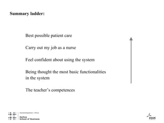 Summary ladder:



      Best possible patient care

      Carry out my job as a nurse

      Feel confident about using the system

      Being thought the most basic functionalities
      in the system

      The teacher’s competences
 