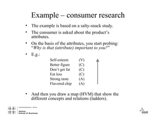Example – consumer research
• The example is based on a salty-snack study.
• The consumer is asked about the product’s
  attributes.
• On the basis of the attributes, you start probing:
  “Why is that (attribute) important to you?”
• E.g.:
             Self-esteem     (V)
             Better figure   (C)
             Don’t get fat   (C)
             Eat less        (C)
             Strong taste    (A)
             Flavored chip   (A)

• And then you draw a map (HVM) that show the
  different concepts and relations (ladders).
 