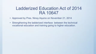 Ladderized Education Act of 2014
RA 10647
• Approved by Pres. Ninoy Aquino on November 21, 2014
• Strengthening the ladderized interface between the technical
vocational education and training going to higher education.
 