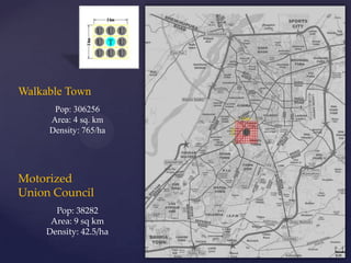 Walkable Town
      Pop: 306256
     Area: 4 sq. km
     Density: 765/ha




Motorized
Union Council
       Pop: 38282
      Area: 9 sq km
     Density: 42.5/ha
 