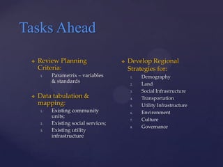 Tasks Ahead

    Review Planning                     Develop Regional
     Criteria:                            Strategies for:
     1.   Parametrix – variables          1.   Demography
          & standards
                                          2.   Land
                                          3.   Social Infrastructure
    Data tabulation &                    4.   Transportation
     mapping:                             5.   Utility Infrastructure
     1.   Existing community              6.   Environment
          units;
                                          7.   Culture
     2.   Existing social services;
                                          8.   Governance
     3.   Existing utility
          infrastructure
 
