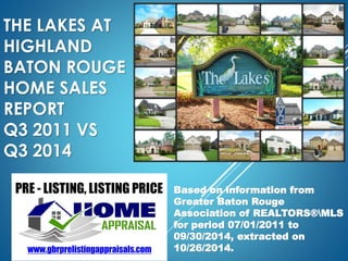 THE LAKES AT
HIGHLAND
BATON ROUGE
HOME SALES
REPORT
Q3 2011 VS
Q3 2014
Based on information from
Greater Baton Rouge
Association of REALTORS®MLS
for period 07/01/2011 to
09/30/2014, extracted on
10/26/2014.
 