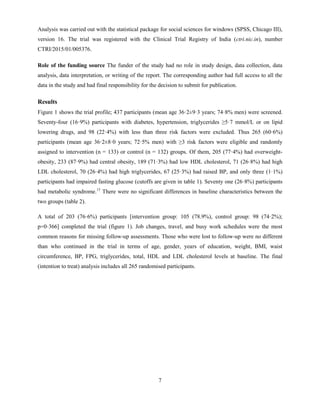7
Analysis was carried out with the statistical package for social sciences for windows (SPSS, Chicago III),
version 16. The trial was registered with the Clinical Trial Registry of India (ctri.nic.in), number
CTRI/2015/01/005376.
Role of the funding source The funder of the study had no role in study design, data collection, data
analysis, data interpretation, or writing of the report. The corresponding author had full access to all the
data in the study and had final responsibility for the decision to submit for publication.
Results
Figure 1 shows the trial profile; 437 participants (mean age 36·2±9·3 years; 74·8% men) were screened.
Seventy-four (16·9%) participants with diabetes, hypertension, triglycerides ≥5·7 mmol/L or on lipid
lowering drugs, and 98 (22·4%) with less than three risk factors were excluded. Thus 265 (60·6%)
participants (mean age 36·2±8·0 years; 72·5% men) with ≥3 risk factors were eligible and randomly
assigned to intervention (n = 133) or control (n = 132) groups. Of them, 205 (77·4%) had overweight-
obesity, 233 (87·9%) had central obesity, 189 (71·3%) had low HDL cholesterol, 71 (26·8%) had high
LDL cholesterol, 70 (26·4%) had high triglycerides, 67 (25·3%) had raised BP, and only three (1·1%)
participants had impaired fasting glucose (cutoffs are given in table 1). Seventy one (26·8%) participants
had metabolic syndrome.13
There were no significant differences in baseline characteristics between the
two groups (table 2).
A total of 203 (76·6%) participants [intervention group: 105 (78.9%), control group: 98 (74·2%);
p=0·366] completed the trial (figure 1). Job changes, travel, and busy work schedules were the most
common reasons for missing follow-up assessments. Those who were lost to follow-up were no different
than who continued in the trial in terms of age, gender, years of education, weight, BMI, waist
circumference, BP, FPG, triglycerides, total, HDL and LDL cholesterol levels at baseline. The final
(intention to treat) analysis includes all 265 randomised participants.
 
