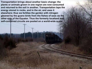 Transportation brings about another basic change: the
plants or animals grown in one region are now consumed
and returned to the soil in another. Transportation taps the
energy stored in rocks, and in the air, and uses it
elsewhere; thus we fertilize the garden with nitrogen
gleaned by the guano birds from the fishes of seas on the
other side of the Equator. Thus the formerly localized and
self-contained circuits are pooled on a world-wide scale.
 
