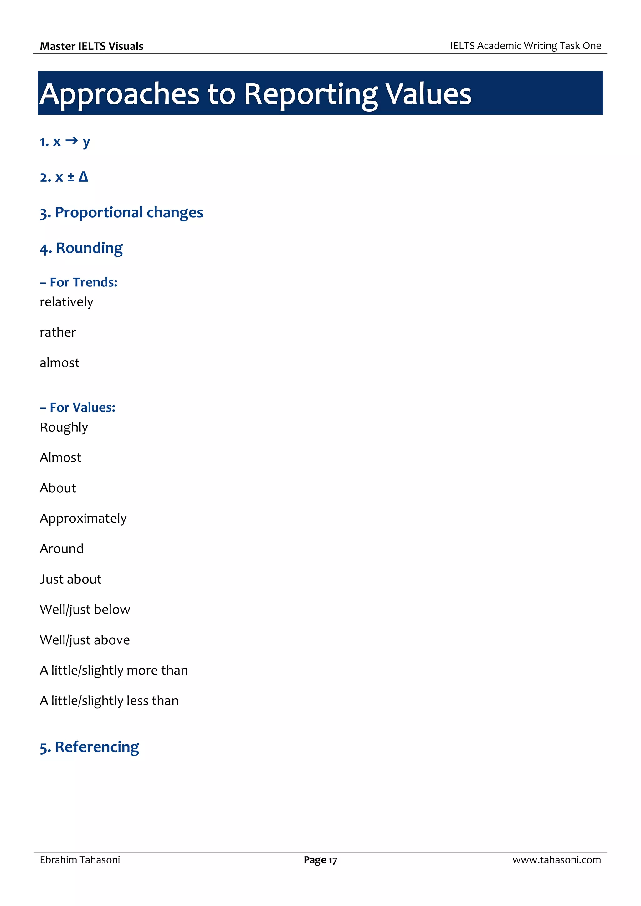 Master IELTS Visuals IELTS Academic Writing Task One
Ebrahim Tahasoni Page 17 www.tahasoni.com
1. x  y
2. x ± Δ
3. Proportional changes
4. Rounding
– For Trends:
relatively
rather
almost
– For Values:
Roughly
Almost
About
Approximately
Around
Just about
Well/just below
Well/just above
A little/slightly more than
A little/slightly less than
5. Referencing
 