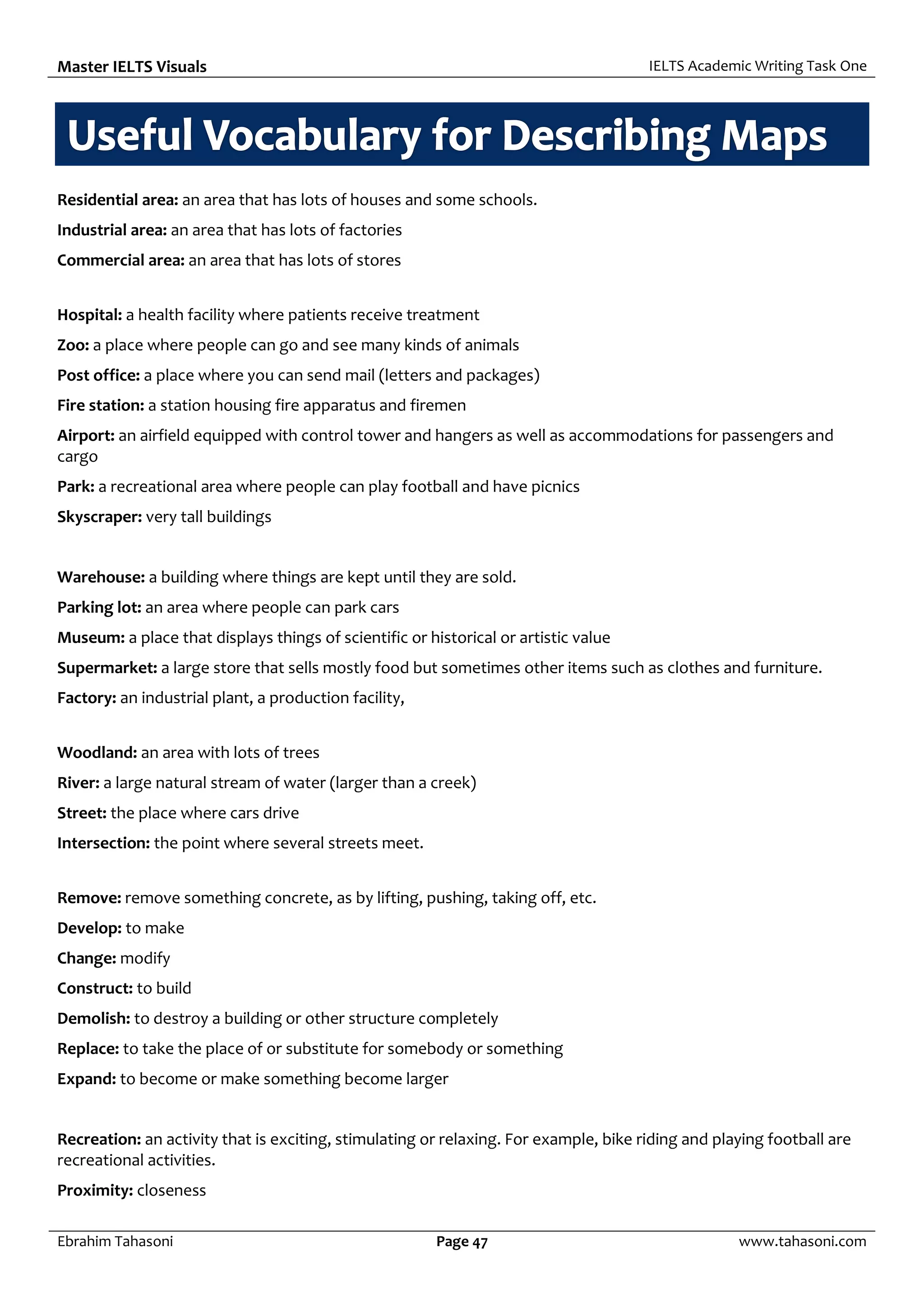Master IELTS Visuals IELTS Academic Writing Task One
Ebrahim Tahasoni Page 47 www.tahasoni.com
Residential area: an area that has lots of houses and some schools.
Industrial area: an area that has lots of factories
Commercial area: an area that has lots of stores
Hospital: a health facility where patients receive treatment
Zoo: a place where people can go and see many kinds of animals
Post office: a place where you can send mail (letters and packages)
Fire station: a station housing fire apparatus and firemen
Airport: an airfield equipped with control tower and hangers as well as accommodations for passengers and
cargo
Park: a recreational area where people can play football and have picnics
Skyscraper: very tall buildings
Warehouse: a building where things are kept until they are sold.
Parking lot: an area where people can park cars
Museum: a place that displays things of scientific or historical or artistic value
Supermarket: a large store that sells mostly food but sometimes other items such as clothes and furniture.
Factory: an industrial plant, a production facility,
Woodland: an area with lots of trees
River: a large natural stream of water (larger than a creek)
Street: the place where cars drive
Intersection: the point where several streets meet.
Remove: remove something concrete, as by lifting, pushing, taking off, etc.
Develop: to make
Change: modify
Construct: to build
Demolish: to destroy a building or other structure completely
Replace: to take the place of or substitute for somebody or something
Expand: to become or make something become larger
Recreation: an activity that is exciting, stimulating or relaxing. For example, bike riding and playing football are
recreational activities.
Proximity: closeness
 