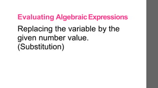 Evaluating AlgebraicExpressions
Replacing the variable by the
given number value.
(Substitution)
 