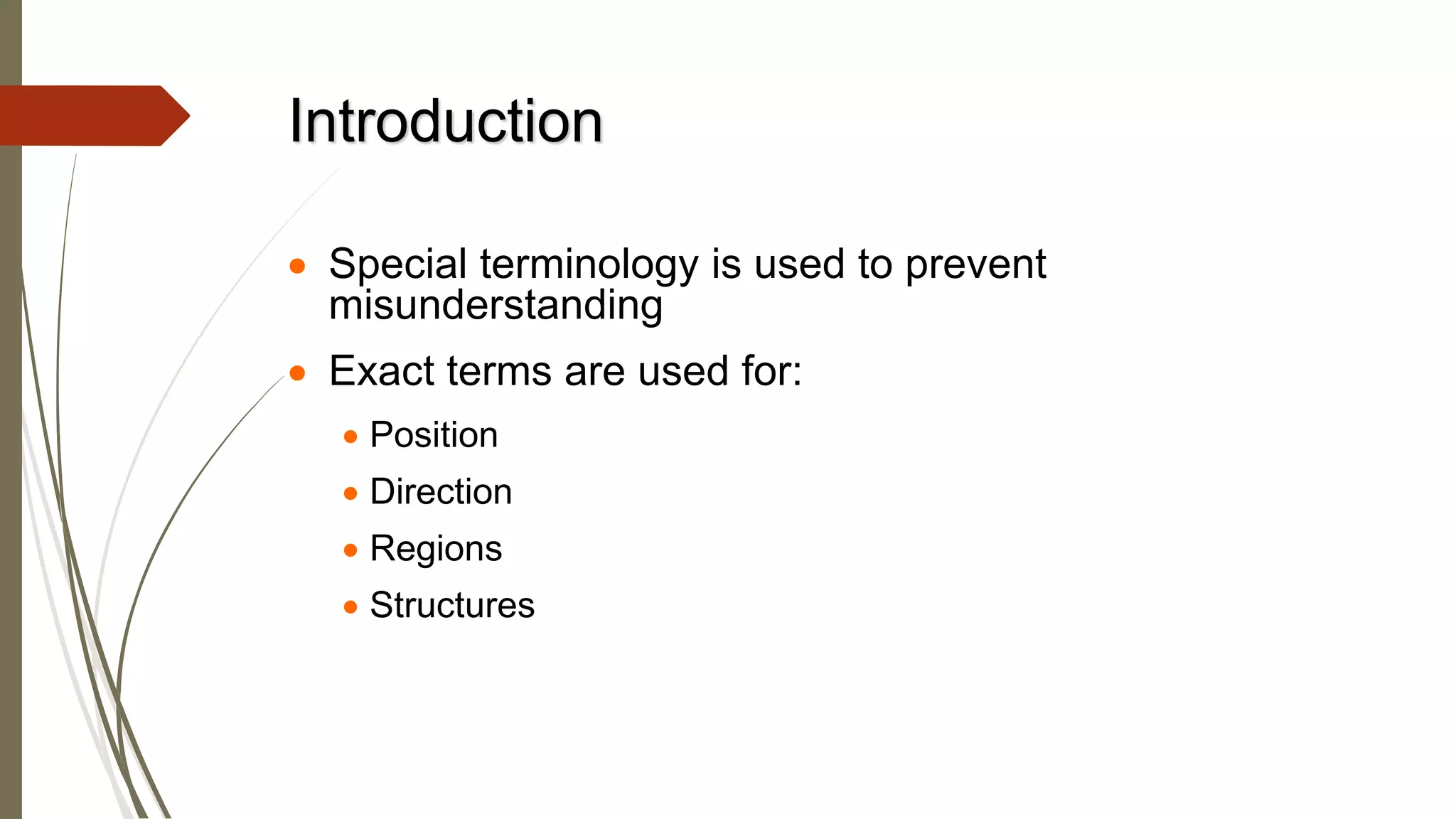 • Special terminology is used to prevent
misunderstanding
• Exact terms are used for:
• Position
• Direction
• Regions
• Structures
Introduction
 