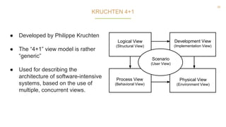 26
KRUCHTEN 4+1
Logical View
(Structural View)
Process View
(Behavioral View)
Development View
(Implementation View)
Physical View
(Environment View)
Scenario
(User View)
● Developed by Philippe Kruchten
● The “4+1” view model is rather
“generic”
● Used for describing the
architecture of software-intensive
systems, based on the use of
multiple, concurrent views.
 