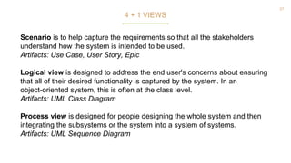 27
Scenario is to help capture the requirements so that all the stakeholders
understand how the system is intended to be used.
Artifacts: Use Case, User Story, Epic
Logical view is designed to address the end user's concerns about ensuring
that all of their desired functionality is captured by the system. In an
object-oriented system, this is often at the class level.
Artifacts: UML Class Diagram
Process view is designed for people designing the whole system and then
integrating the subsystems or the system into a system of systems.
Artifacts: UML Sequence Diagram
4 + 1 VIEWS
 