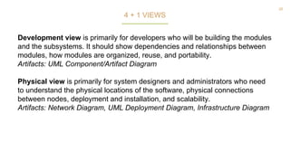 28
Development view is primarily for developers who will be building the modules
and the subsystems. It should show dependencies and relationships between
modules, how modules are organized, reuse, and portability.
Artifacts: UML Component/Artifact Diagram
Physical view is primarily for system designers and administrators who need
to understand the physical locations of the software, physical connections
between nodes, deployment and installation, and scalability.
Artifacts: Network Diagram, UML Deployment Diagram, Infrastructure Diagram
4 + 1 VIEWS
 