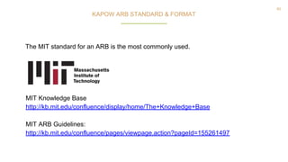 60
MIT Knowledge Base
http://kb.mit.edu/confluence/display/home/The+Knowledge+Base
MIT ARB Guidelines:
http://kb.mit.edu/confluence/pages/viewpage.action?pageId=155261497
KAPOW ARB STANDARD & FORMAT
The MIT standard for an ARB is the most commonly used.
 