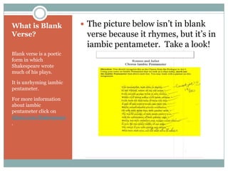 What is Blank Verse?Blank verse is a poetic form in which Shakespeare wrote much of his plays.It is unrhyming iambic pentameter.For more information about iambic pentameter click on About.com:Shakespeare.The picture below isn’t in blank verse because it rhymes, but it’s in iambic pentameter.  Take a look!