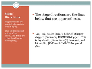 Stage DirectionsStage directions are inserted after certain lines in a play.They tell the physical actions of the actors…like if they are crying, laughing, or even fighting.The stage directions are the lines below that are in parentheses. Jul.  Yea, noise? then I’ll be brief. O happy dagger!  [Snatching ROMEO’S dagger.   This is thy sheath; [Stabs herself.] there rest, and let me die.  [Falls on ROMEO’S body and dies.