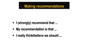 Making recommendations
 I (strongly) recommend that ...
 My recommendation is that ...
 I really think/believe we should ...
 