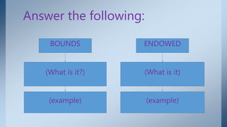 Answer the following:
BOUNDS
(What is it?)
(example)
(What is it)
(example)
ENDOWED
 