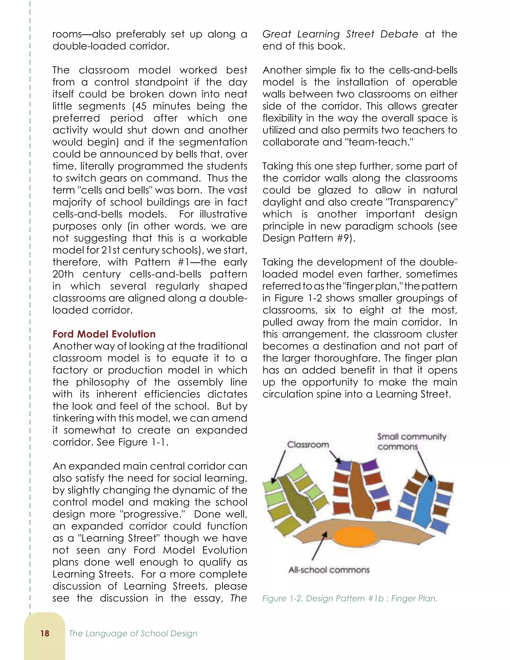 Great Learning Street Debate at the
end of this book.
Another simple fix to the cells-and-bells
model is the installation of operable
walls between two classrooms on either
side of the corridor. This allows greater
flexibility in the way the overall space is
utilized and also permits two teachers to
collaborate and team-teach.
Taking this one step further, some part of
the corridor walls along the classrooms
could be glazed to allow in natural
daylight and also create Transparency
which is another important design
principle in new paradigm schools (see
Design Pattern #9).
Taking the development of the double-
loaded model even farther, sometimes
referredtoasthefingerplan,thepattern
in Figure 1-2 shows smaller groupings of
classrooms, six to eight at the most,
pulled away from the main corridor. In
this arrangement, the classroom cluster
becomes a destination and not part of
the larger thoroughfare. The finger plan
has an added benefit in that it opens
up the opportunity to make the main
circulation spine into a Learning Street.
Figure 1-2. Design Pattern #1b : Finger Plan.
rooms—also preferably set up along a
double-loaded corridor.
The classroom model worked best
from a control standpoint if the day
itself could be broken down into neat
little segments (45 minutes being the
preferred period after which one
activity would shut down and another
would begin) and if the segmentation
could be announced by bells that, over
time, literally programmed the students
to switch gears on command. Thus the
term cells and bells was born. The vast
majority of school buildings are in fact
cells-and-bells models. For illustrative
purposes only (in other words, we are
not suggesting that this is a workable
model for 21st century schools), we start,
therefore, with Pattern #1—the early
20th century cells-and-bells pattern
in which several regularly shaped
classrooms are aligned along a double-
loaded corridor.
Ford Model Evolution
Another way of looking at the traditional
classroom model is to equate it to a
factory or production model in which
the philosophy of the assembly line
with its inherent efficiencies dictates
the look and feel of the school. But by
tinkering with this model, we can amend
it somewhat to create an expanded
corridor. See Figure 1-1.
An expanded main central corridor can
also satisfy the need for social learning,
by slightly changing the dynamic of the
control model and making the school
design more progressive. Done well,
an expanded corridor could function
as a Learning Street though we have
not seen any Ford Model Evolution
plans done well enough to qualify as
Learning Streets. For a more complete
discussion of Learning Streets, please
see the discussion in the essay, The
1 The Language of School Design
 