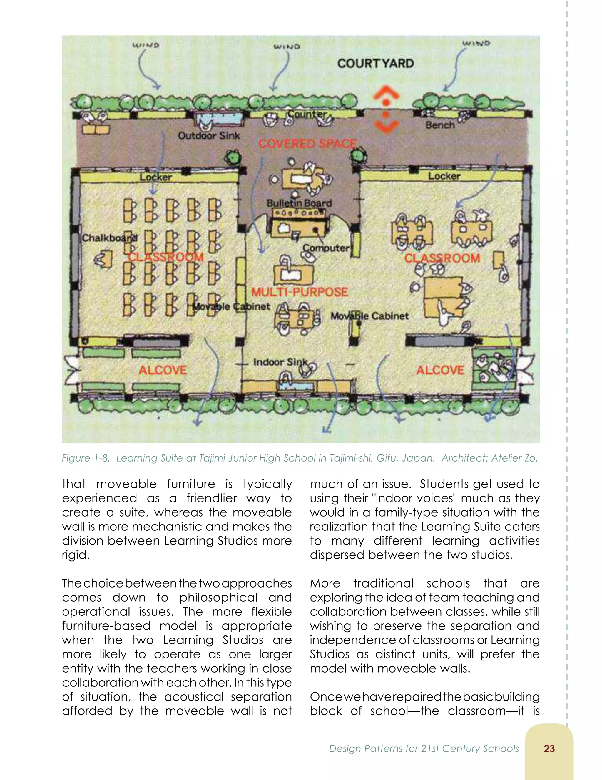 that moveable furniture is typically
experienced as a friendlier way to
create a suite, whereas the moveable
wall is more mechanistic and makes the
division between Learning Studios more
rigid.
Thechoicebetweenthetwoapproaches
comes down to philosophical and
operational issues. The more flexible
furniture-based model is appropriate
when the two Learning Studios are
more likely to operate as one larger
entity with the teachers working in close
collaboration with each other. In this type
of situation, the acoustical separation
afforded by the moveable wall is not
2Design Patterns for 21st Century Schools
much of an issue. Students get used to
using their indoor voices much as they
would in a family-type situation with the
realization that the Learning Suite caters
to many different learning activities
dispersed between the two studios.
More traditional schools that are
exploring the idea of team teaching and
collaboration between classes, while still
wishing to preserve the separation and
independence of classrooms or Learning
Studios as distinct units, will prefer the
model with moveable walls.
Oncewehaverepairedthebasicbuilding
block of school—the classroom—it is
Figure 1-8. Learning Suite at Tajimi Junior High School in Tajimi-shi, Gifu, Japan. Architect: Atelier Zo.
 
