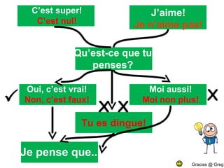  X C’est super! C’est nul! J’aime!  Je n’aime pas!  Qu’est-ce que tu penses? Oui, c’est vrai! Non, c’est faux! Moi aussi! Moi non plus! Tu es dingue!  Je pense que... X X Gracias @ Greg Horton 