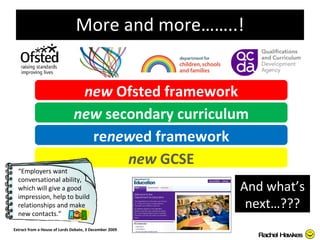 More and more……..! new  Ofsted framework new  secondary curriculum re new ed framework new  GCSE “ Employers want conversational ability, which will give a good impression, help to build relationships and make new contacts.” Extract from a House of Lords Debate, 3 December 2009 Rachel Hawkes And what’s next…??? 