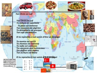 Ton Christ est Juif Ton Christ est juif  Ta voiture est japonaise  Ta pizza est italienne Ton couscous est algérien  Ta démocratie est grecque  Ton café est brésilien  Et tu reproches à ton voisin d'être un étranger  Ta montre est suisse  Ta chemise est indienne  Ta radio est coréenne  Tes vacances sont tunisiennes  Tes chiffres sont arabes  Ton écriture est latine  Et tu reproches à ton voisin d'être étranger  
