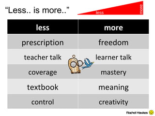 “ Less.. is more..” less more Rachel Hawkes less more prescription freedom teacher talk learner talk coverage mastery textbook meaning control creativity 