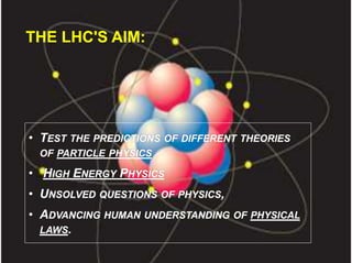 THE LHC'S AIM:
• TEST THE PREDICTIONS OF DIFFERENT THEORIES
OF PARTICLE PHYSICS
• HIGH ENERGY PHYSICS
• UNSOLVED QUESTIONS OF PHYSICS,
• ADVANCING HUMAN UNDERSTANDING OF PHYSICAL
LAWS.
 