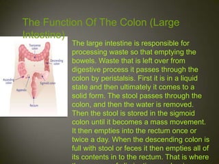The Function Of The Colon (Large
Intestine)
          The large intestine is responsible for
          processing waste so that emptying the
          bowels. Waste that is left over from
          digestive process it passes through the
          colon by peristalsis. First it is in a liquid
          state and then ultimately it comes to a
          solid form. The stool passes through the
          colon, and then the water is removed.
          Then the stool is stored in the sigmoid
          colon until it becomes a mass movement.
          It then empties into the rectum once or
          twice a day. When the descending colon is
          full with stool or feces it then empties all of
          its contents in to the rectum. That is where
 