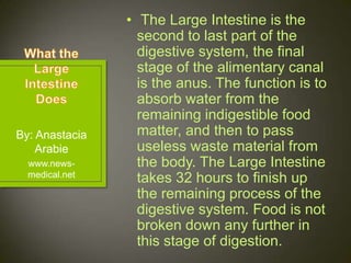 • The Large Intestine is the
                  second to last part of the
                  digestive system, the final
                  stage of the alimentary canal
                  is the anus. The function is to
                  absorb water from the
                  remaining indigestible food
By: Anastacia     matter, and then to pass
    Arabie        useless waste material from
  www.news-       the body. The Large Intestine
  medical.net
                  takes 32 hours to finish up
                  the remaining process of the
                  digestive system. Food is not
                  broken down any further in
                  this stage of digestion.
 