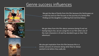 Genre success influences
We got the idea of family from this film because this family goes on
a road trip and our film focuses on the journey of a family after
finding out the daughter is suffering from terminal illness.
We got ideas from this film about someone being ill and not
having long to live, we are using this in our film when one of
the main characters is ill and has decided to go on their ‘last
adventure’.
We also got inspiration from this film because this is a
similar scenario of someone doing what they’ve always
wanted to do before they sadly die.
 