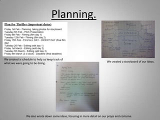 Planning.


We created a schedule to help us keep track of
                                                                             We created a storyboard of our ideas.
what we were going to be doing.




                 We also wrote down some ideas, focusing in more detail on our props and costume.
 