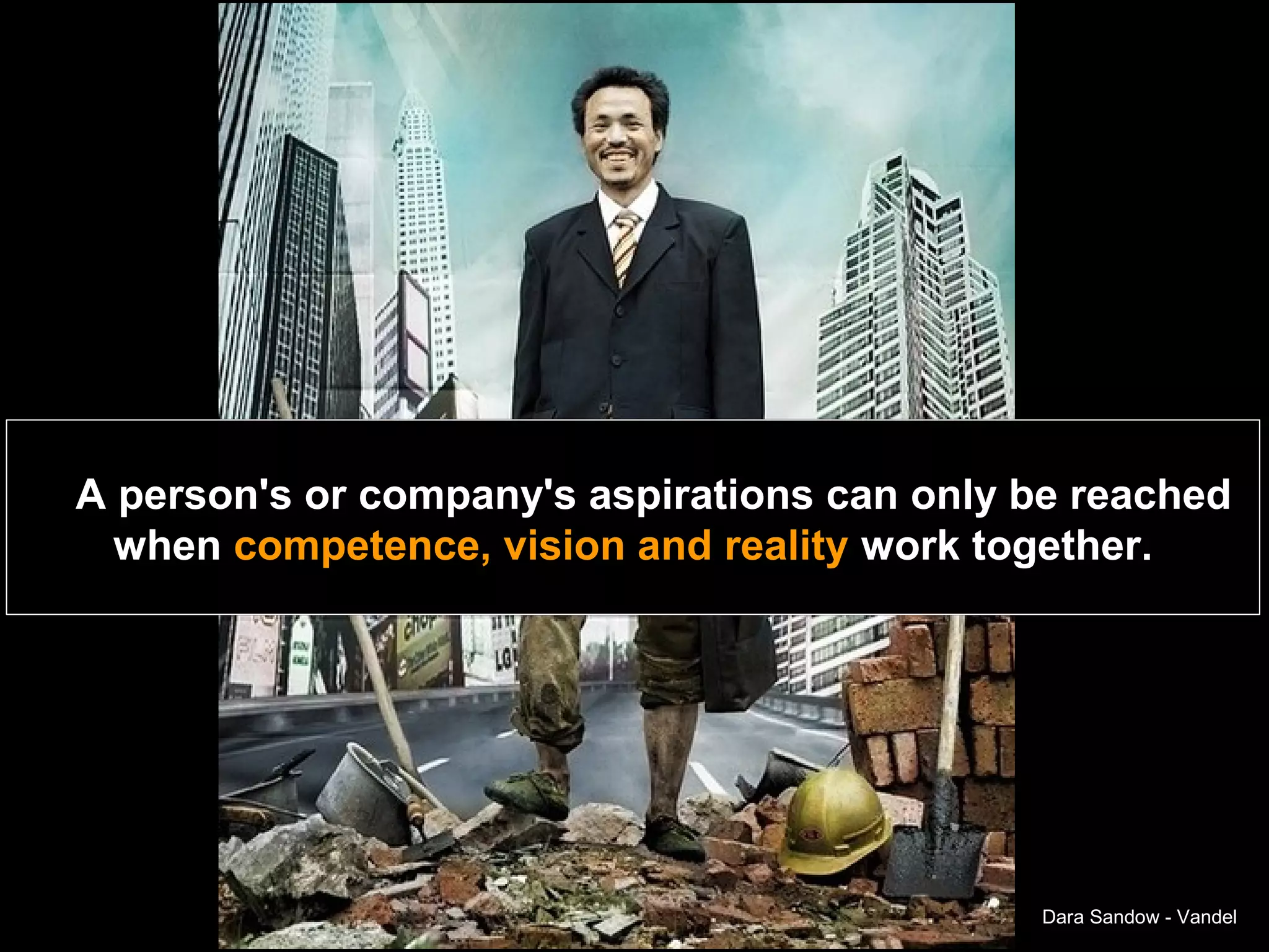 A person's or company's aspirations can only be reached
  when competence, vision and reality work together.




                                             Dara Sandow - Vandel
 