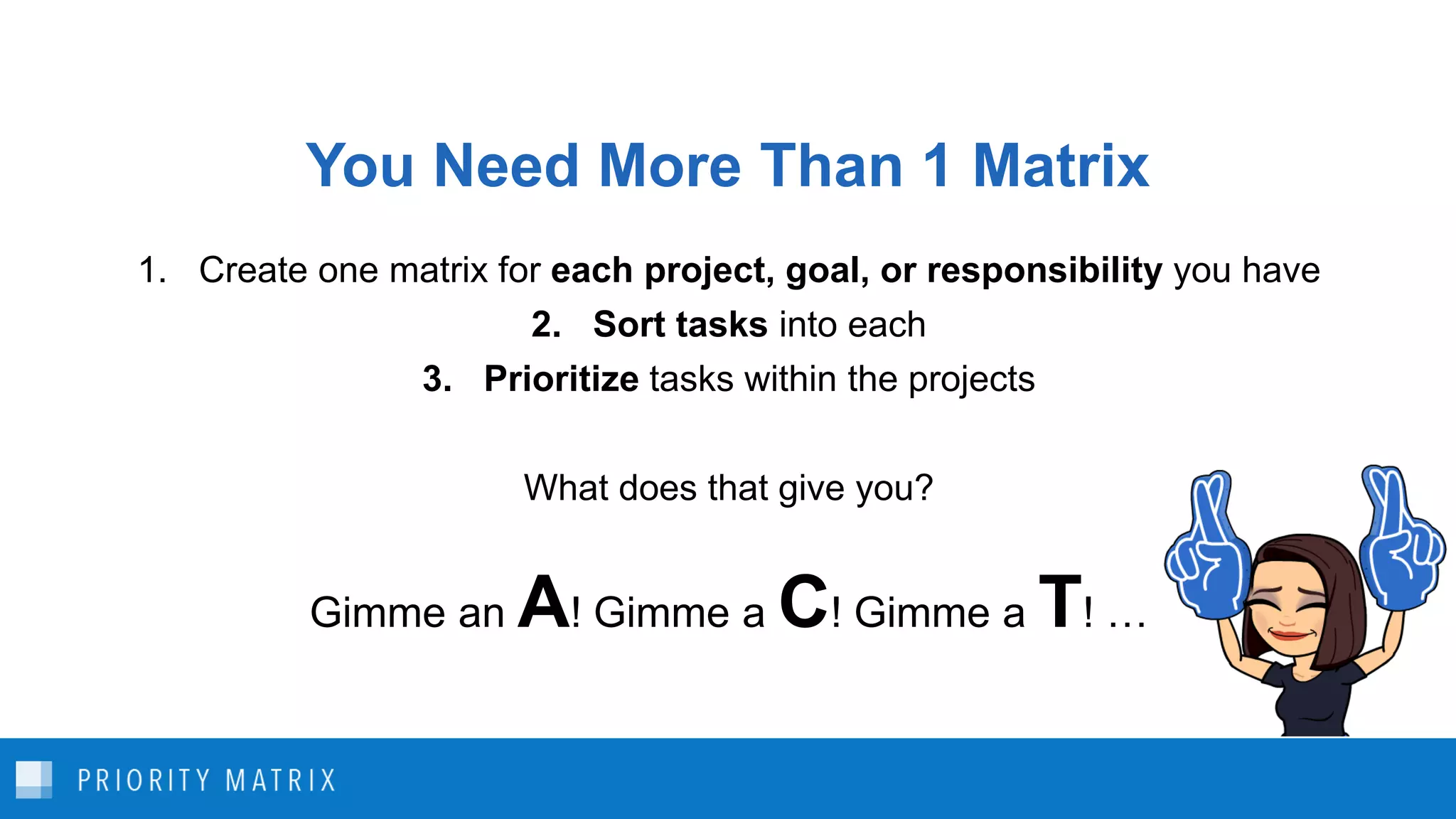 You Need More Than 1 Matrix
1. Create one matrix for each project, goal, or responsibility you have
2. Sort tasks into each
3. Prioritize tasks within the projects
What does that give you?
Gimme an A! Gimme a C! Gimme a T! …
 