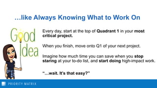 …like Always Knowing What to Work On
Every day, start at the top of Quadrant 1 in your most
critical project.
When you finish, move onto Q1 of your next project.
Imagine how much time you can save when you stop
staring at your to-do list, and start doing high-impact work.
“…wait. It’s that easy?”
 