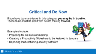 Critical and Do Now
If you have too many tasks in this category, you may be in trouble.
These tasks must be dealt with before moving forward.
Examples include:
• Preparing for an investor meeting
• Creating a Productivity Slideshare to be featured in January
• Repairing malfunctioning security software
 