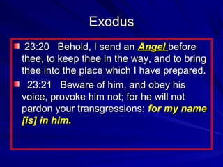 Exodus
23:20 Behold, I send an Angel before
thee, to keep thee in the way, and to bring
thee into the place which I have prepared.
23:21 Beware of him, and obey his
voice, provoke him not; for he will not
pardon your transgressions: for my name
[is] in him.

 
