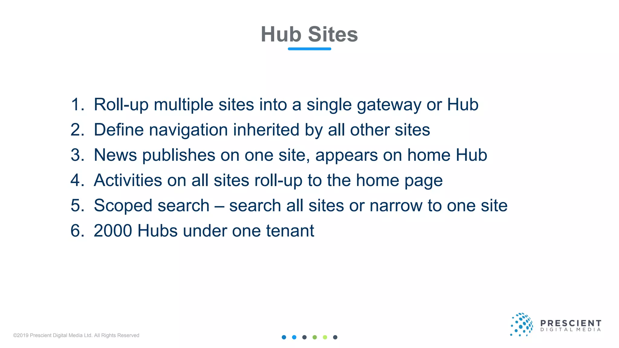 ©2019 Prescient Digital Media Ltd. All Rights Reserved 14
Hub Sites
1. Roll-up multiple sites into a single gateway or Hub
2. Define navigation inherited by all other sites
3. News publishes on one site, appears on home Hub
4. Activities on all sites roll-up to the home page
5. Scoped search – search all sites or narrow to one site
6. 2000 Hubs under one tenant
 