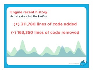 (+) 311,780 lines of code added 
(-) 163,350 lines of code removed
Engine recent history
4
Activity since last DockerCon
 